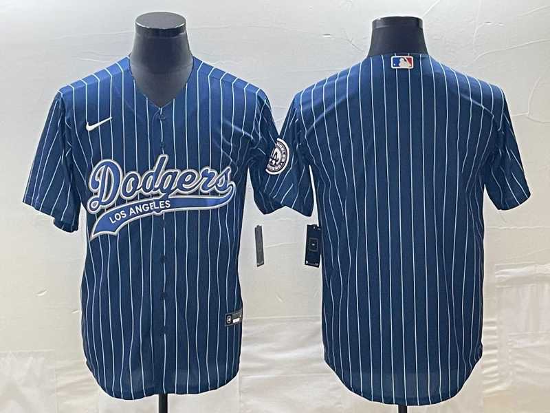 Men%27s Los Angeles Dodgers Blue Pinstripe Blank With Patch Cool Base Stitched Baseball Jerseys->los angeles dodgers->MLB Jersey